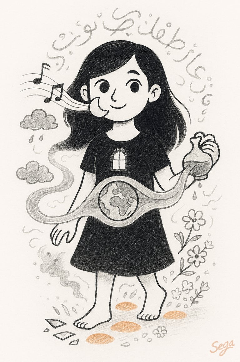a girl with water and music notes around her