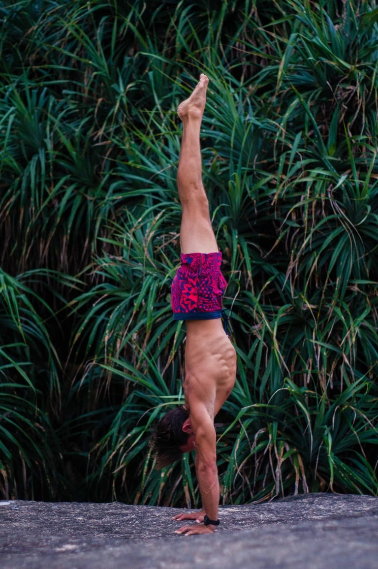 a man doing a handstand on a rock