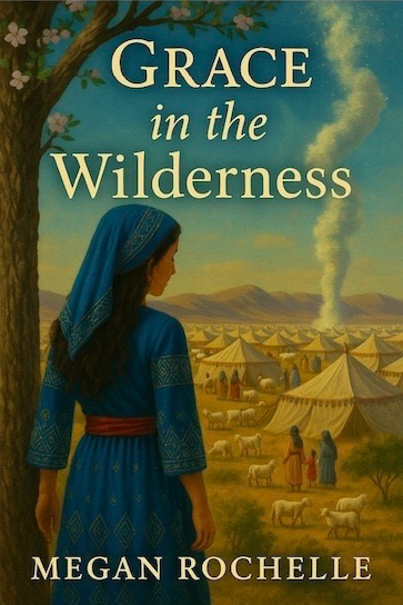 a woman in a blue dress facing an encampment