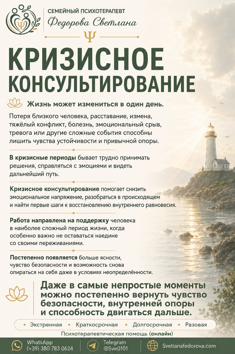 Кризисное консультирование. Помощь при разводе, измене, утрате и жизненных кризисах.