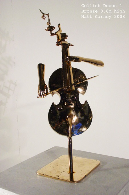 a cello being played by human arms with an abstract face