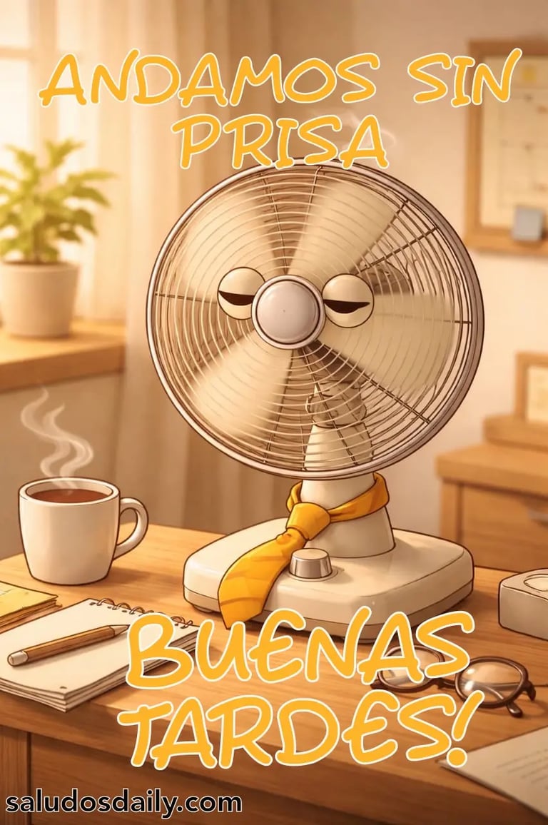 Ventilador eléctrico girando muy despacio en una habitación iluminada por la luz de la tarde,