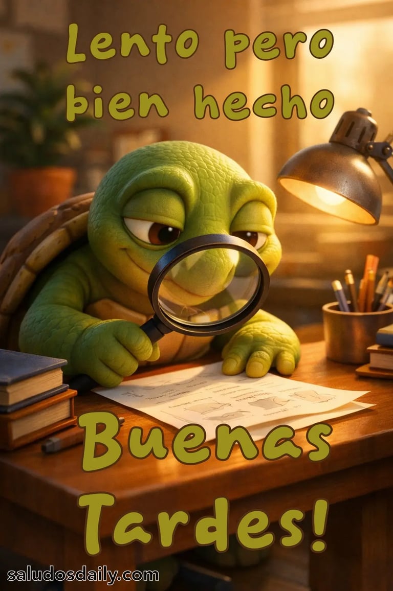 Tortuga animada estilo Pixar revisando cuidadosamente un documento con una lupa sobre un escritorio