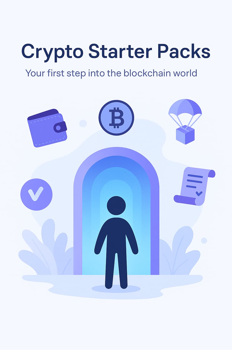 O ChatGPT disse: Alt Text: A 2D digital illustration titled "Crypto Starter Packs" shows a dark blue