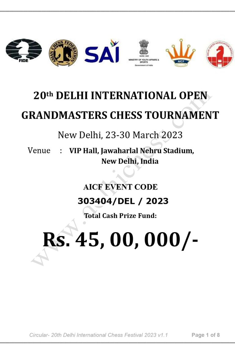 20th Delhi International Open Grandmasters Chess Tournament 2023. India Chess. AICF Chess. ACF Chess