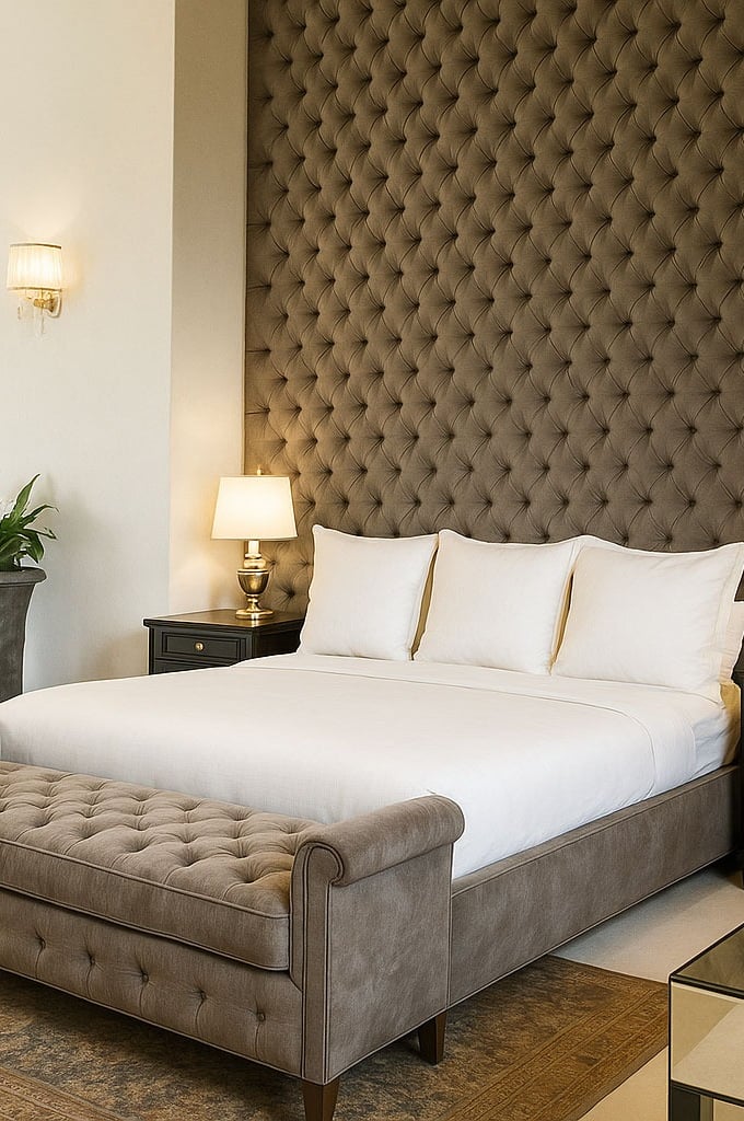 Tufted bed and bench with dark wall paneling, custom-designed by Solo Home Decor for a luxe bedroom.