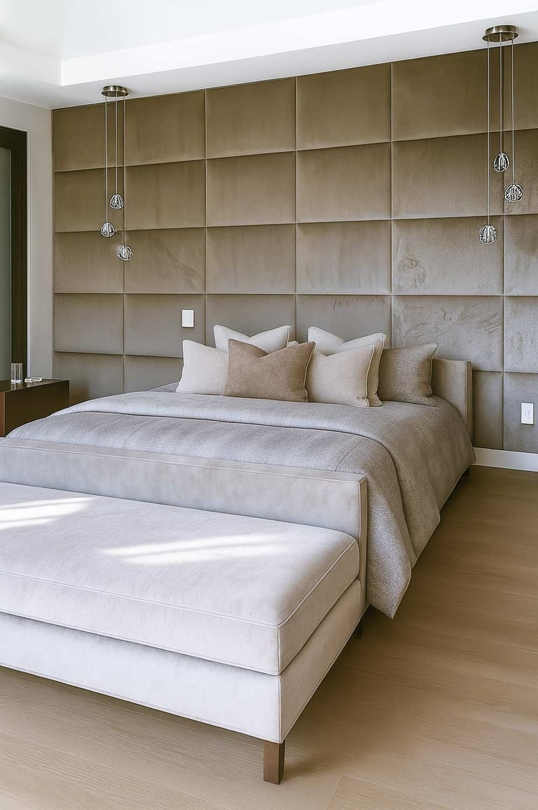 Modern bedroom with full-wall panels and a bench at the foot of a California king bed by Solo Home Decor