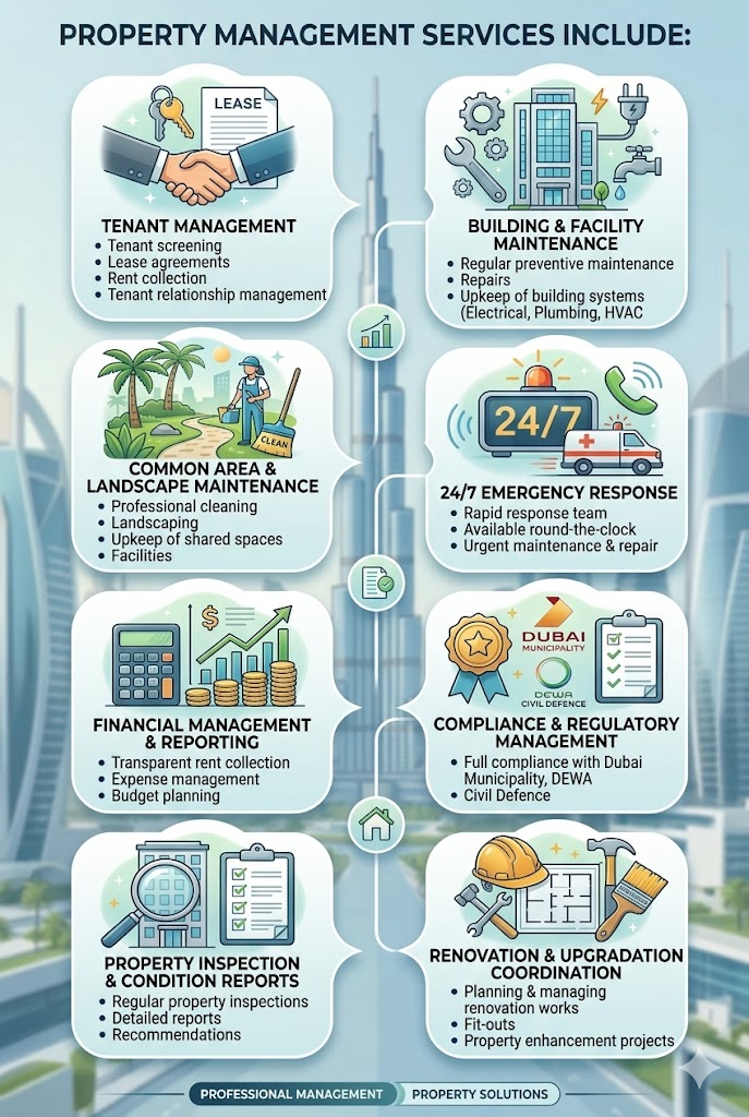Infographic outlining property management services like tenant management, maintenance, and financial reporting.