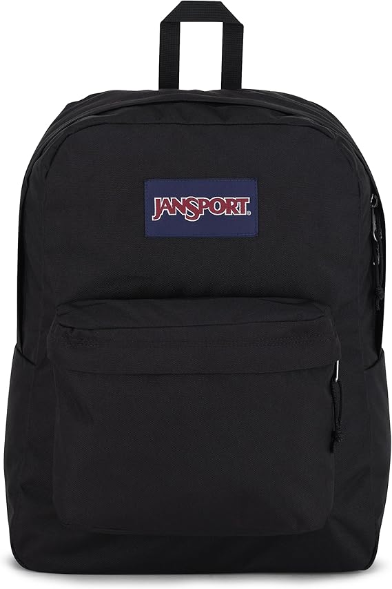 Black JanSport SuperBreak backpack with one main compartment and front organizer pocket
