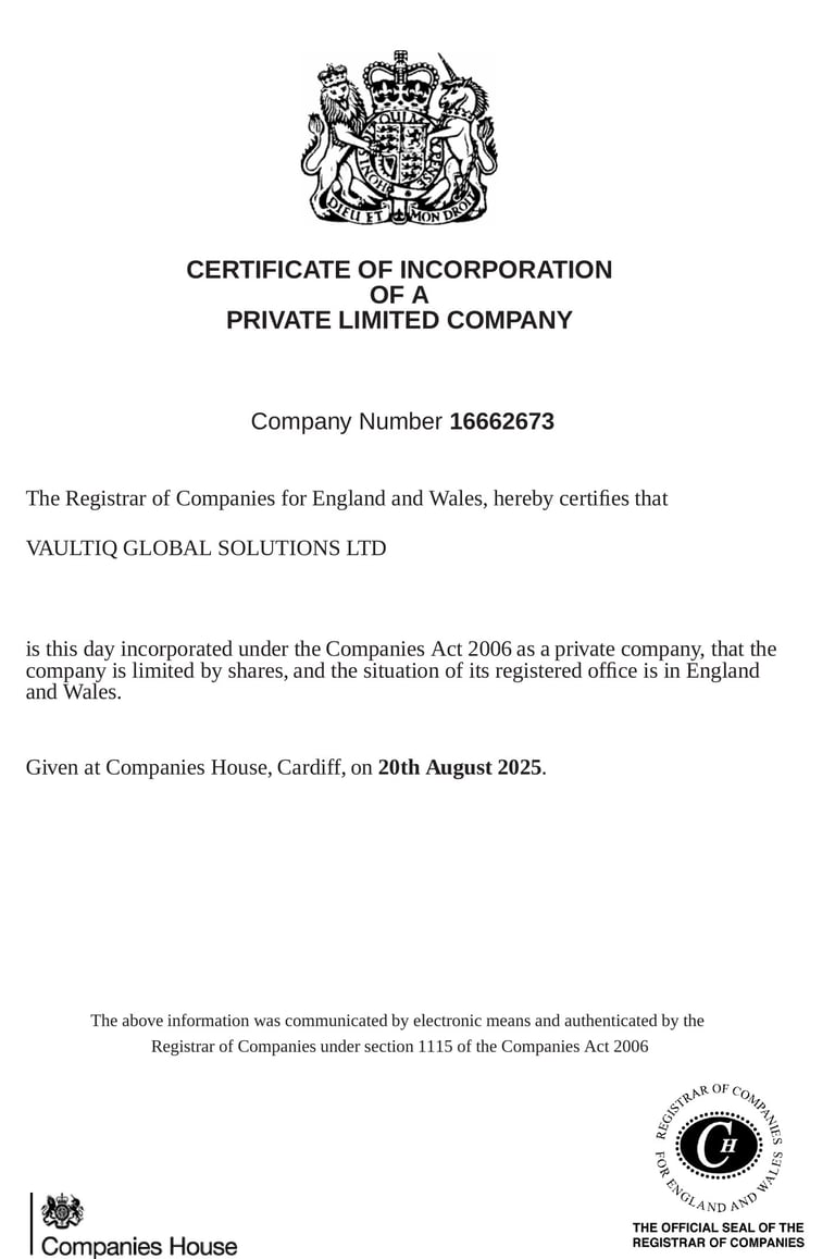 UK Certificate of Incorporation for VaultIQ Global Solutions Ltd confirming authenticity