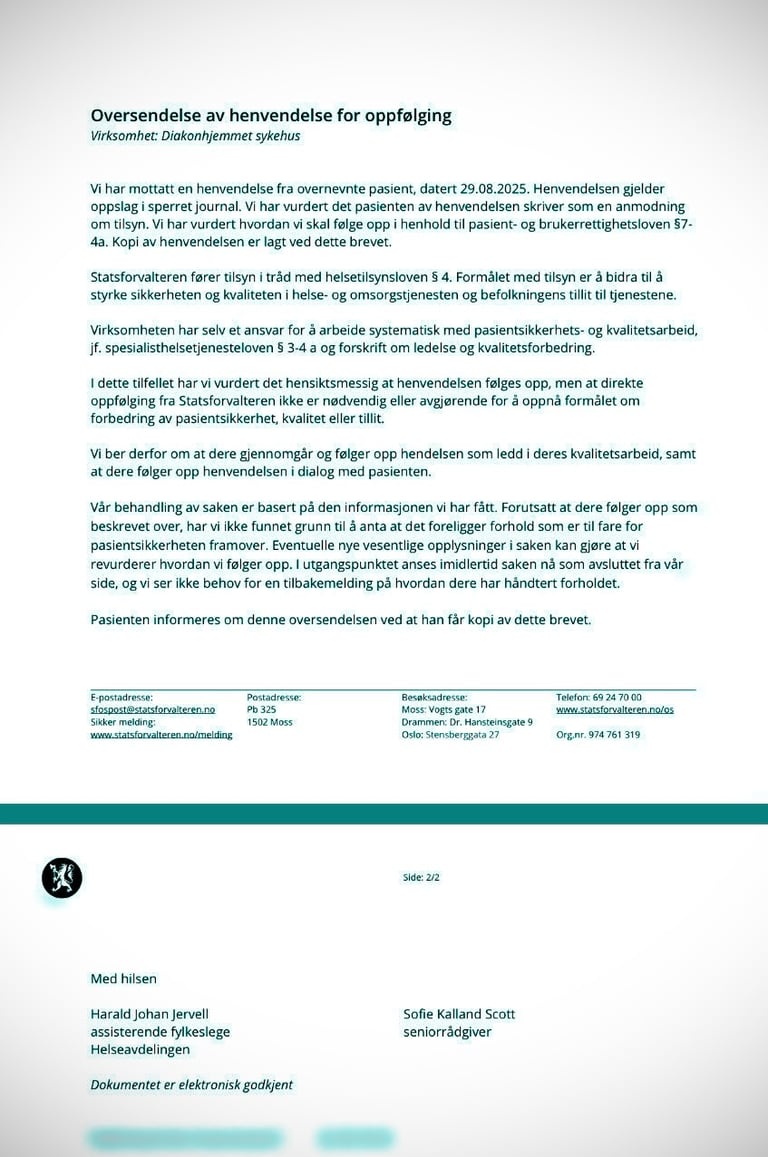 Diakonhjemmet sykehus, Statsforvalteren, Sofie Kalland Scott,Sara Cecilie Wilhelmsen Solheim, 