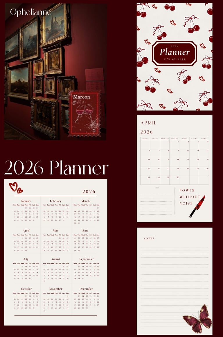 Maroon-themed 2026 planner layout by Ophelianne featuring a gallery wall aesthetic, cherry-patterned