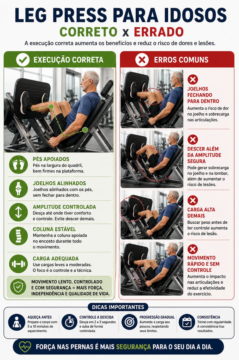 idoso fazendo leg press com execução correta e joelhos alinhados