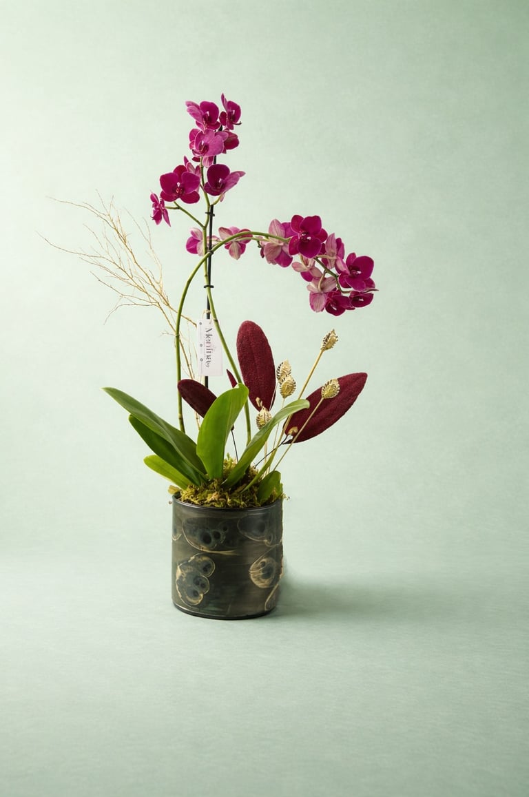 Orquídea phalaenopsis morada en una maceta decorativa de cerámica oscura, con follaje en color vino