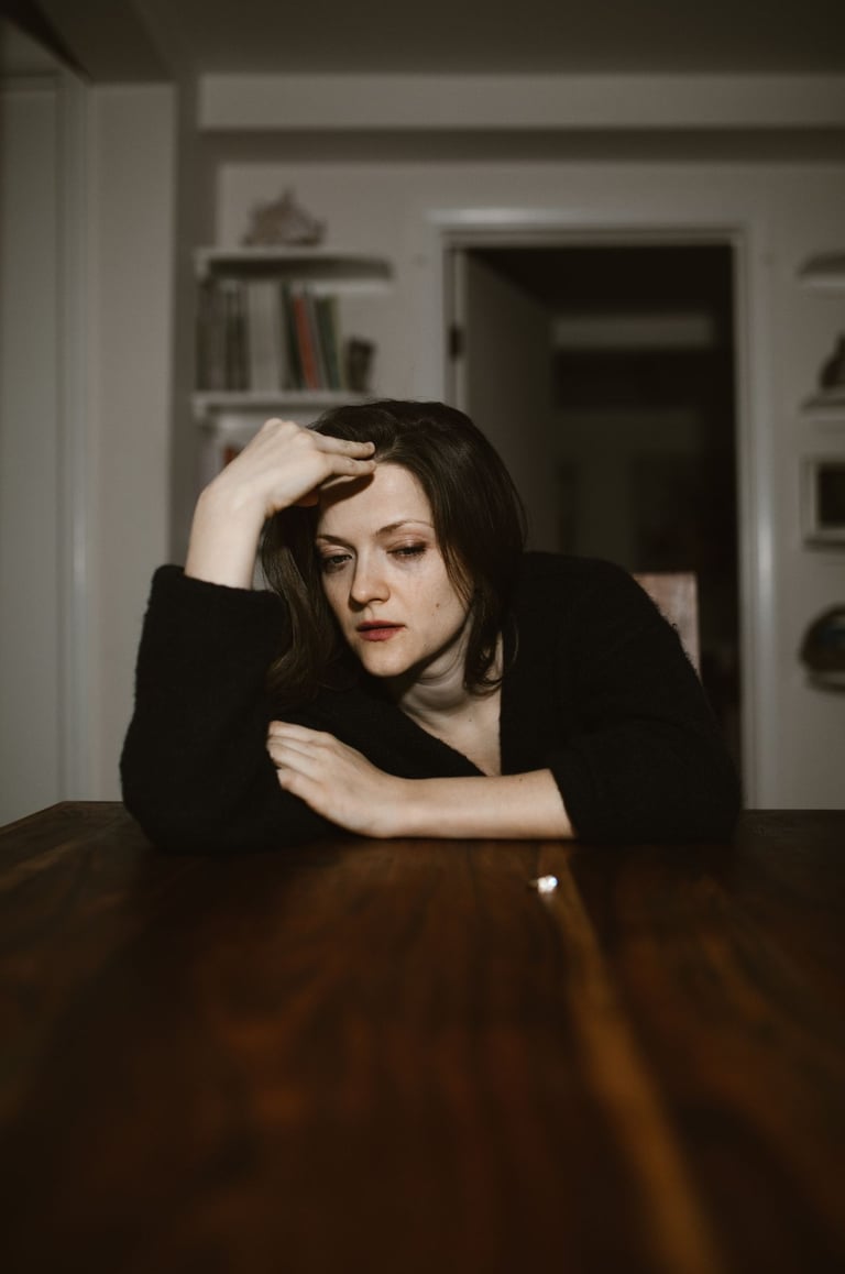 Woman experiencing emotional distress and heavy atmosphere inside her home