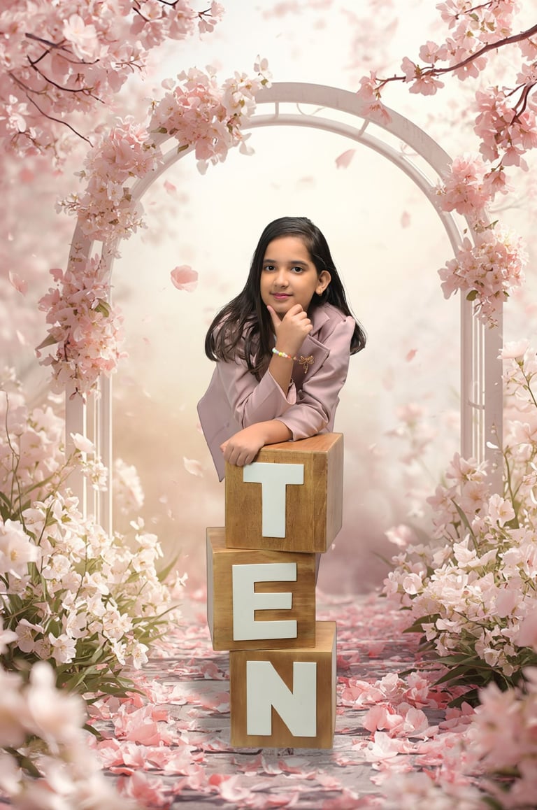 Young girl celebrating her 10th birthday in a studio with pink cherry blossoms and wooden letter blocks.