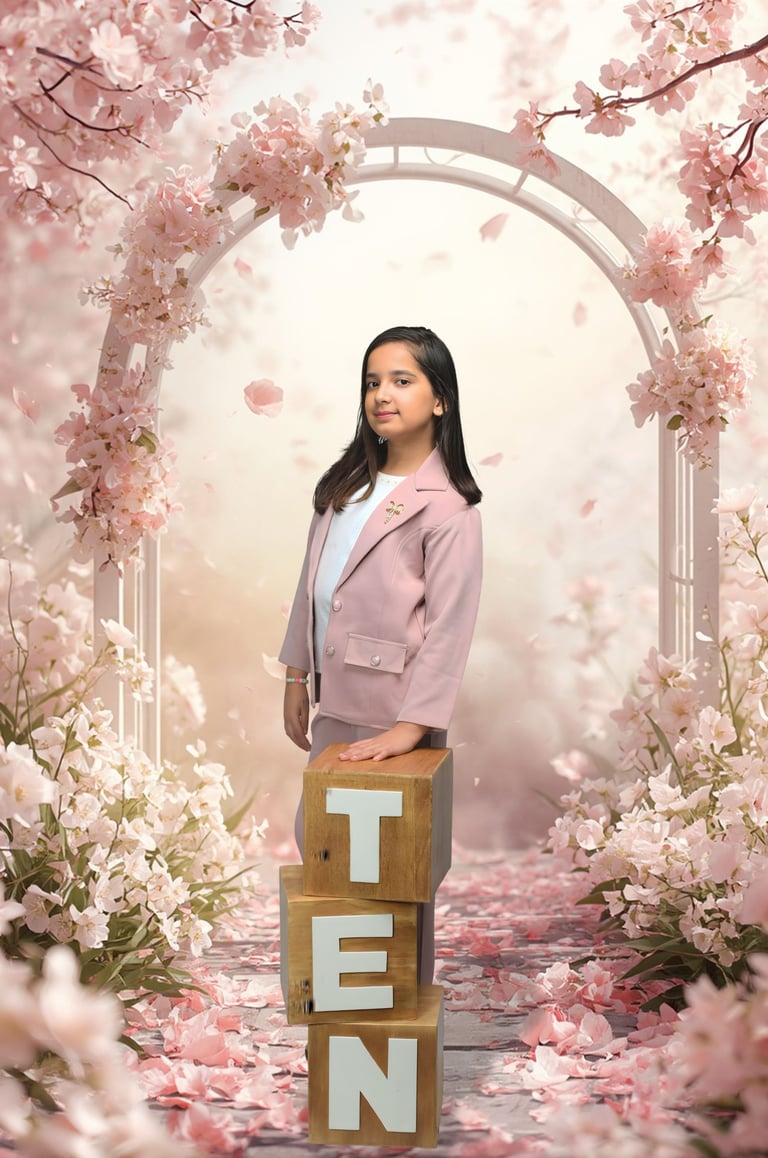 Young girl in a pink suit celebrating her 10th birthday under a floral arch. Milestone photography