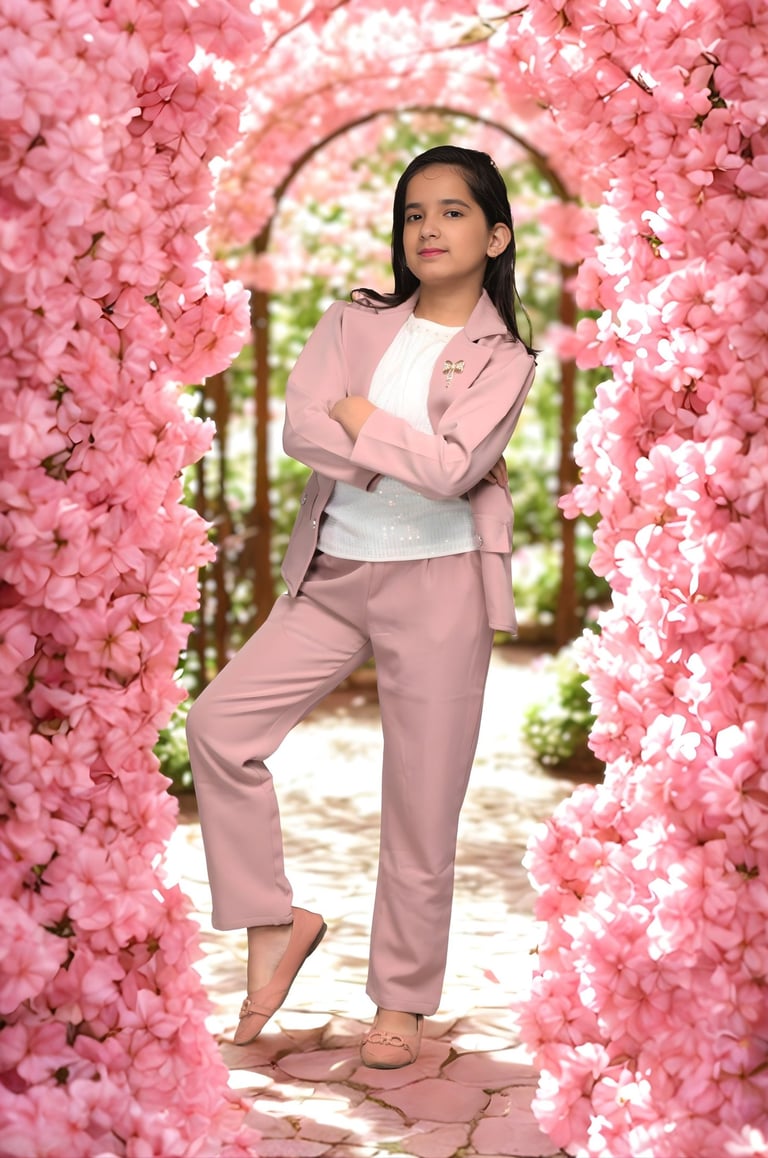 Young girl posing under a cherry blossom floral archway. Milestone photography