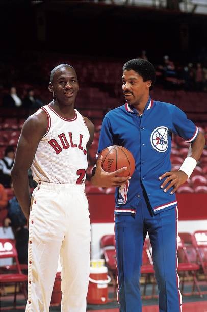 Michael Jordan (left) and Julius Erving (right) pose for a picture in 1984