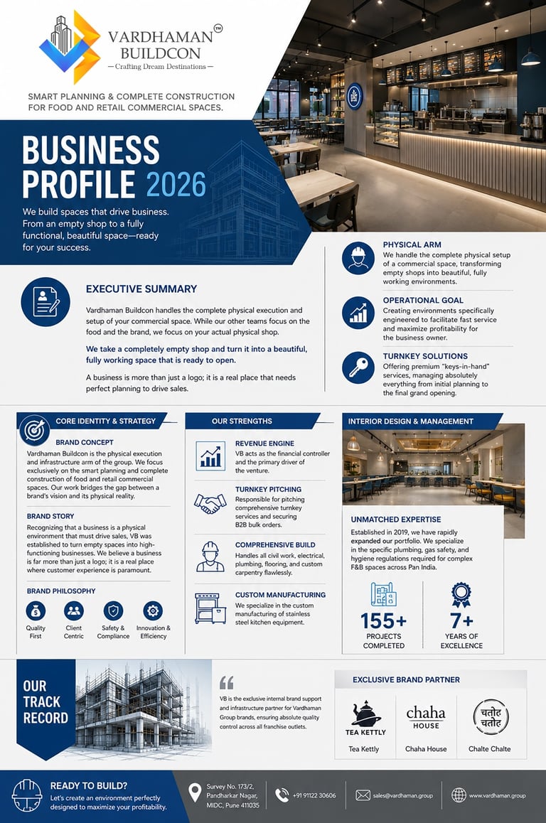 Vardhaman Buildcon 2026 business profile brochure showing commercial food and retail construction services.