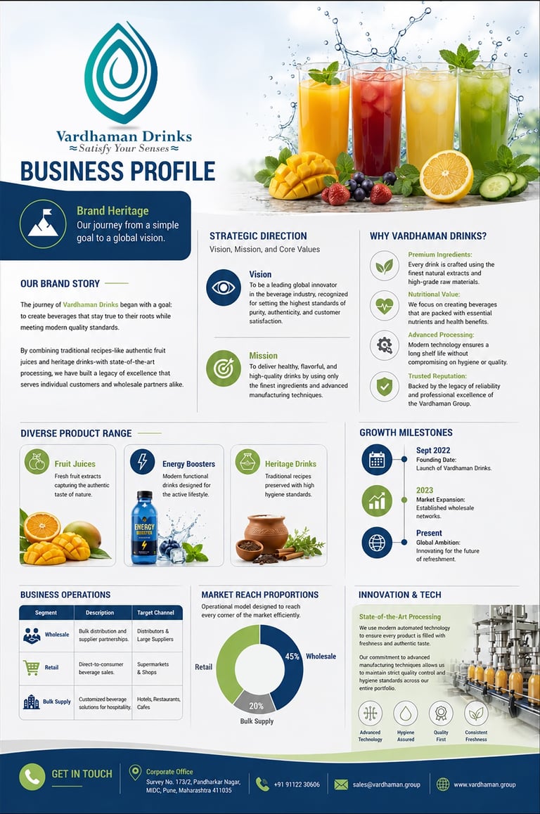 Vardhaman Drinks business profile infographic showing beverage products like fruit juices and energy boosters.