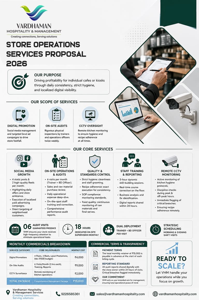 Vardhaman Hospitality 2026 store operations services proposal infographic featuring digital promotion and CCTV audit details.