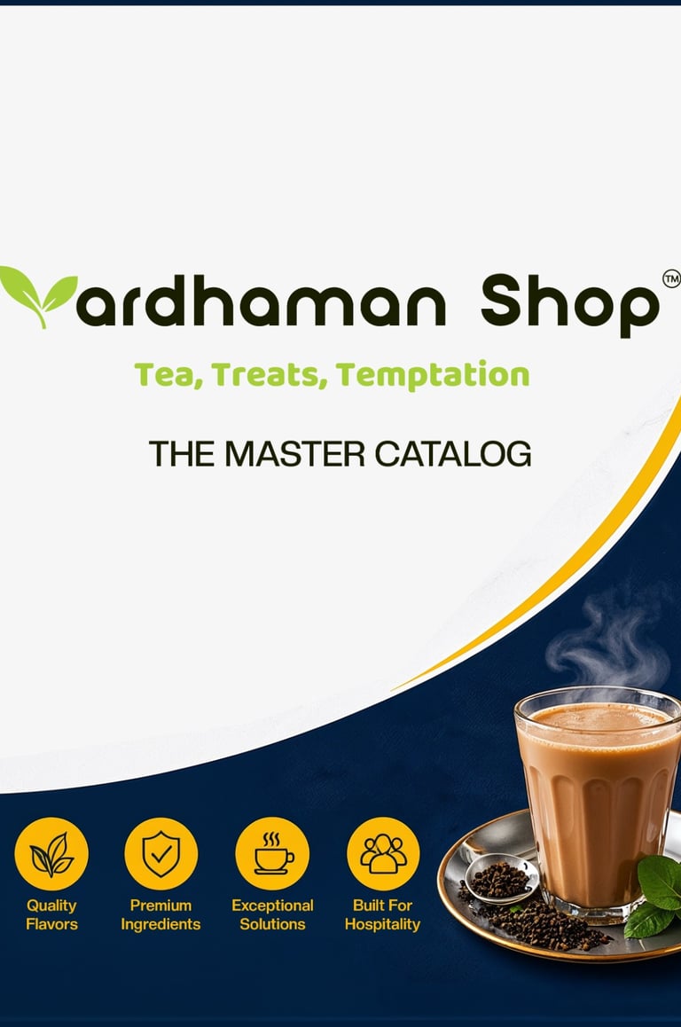 Vardhaman Shop master tea catalog featuring a glass of hot milk tea with premium tea leaves.