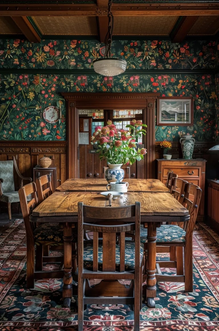 William Morris-inspired interior featuring botanical patterns, natural materials, and traditional Ar