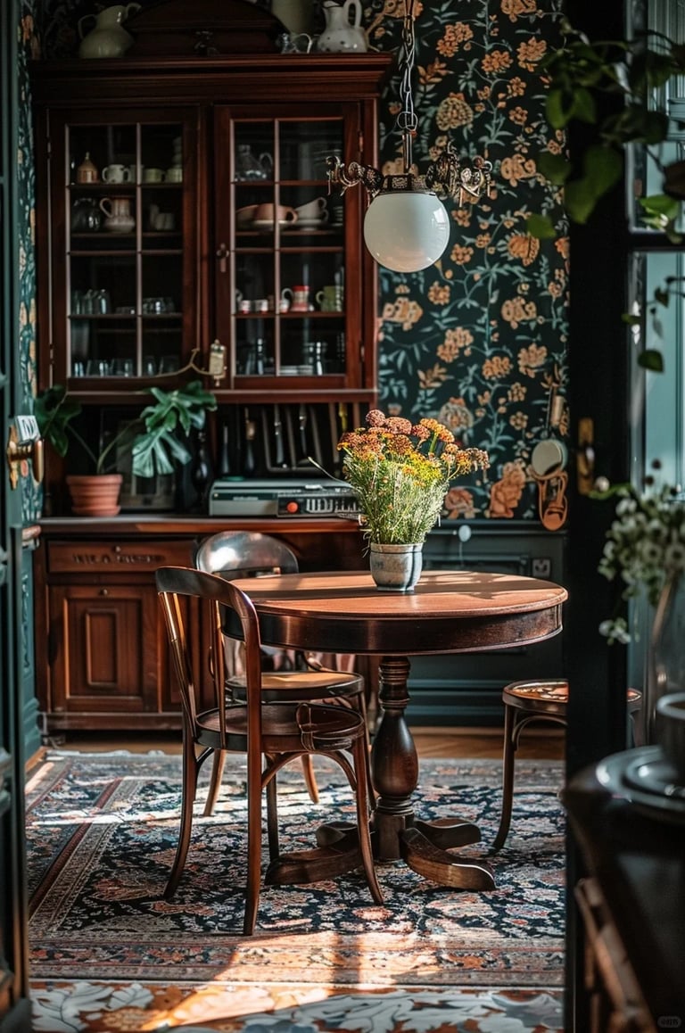 William Morris-inspired interior featuring botanical patterns, natural materials, and traditional Arts and Crafts design.