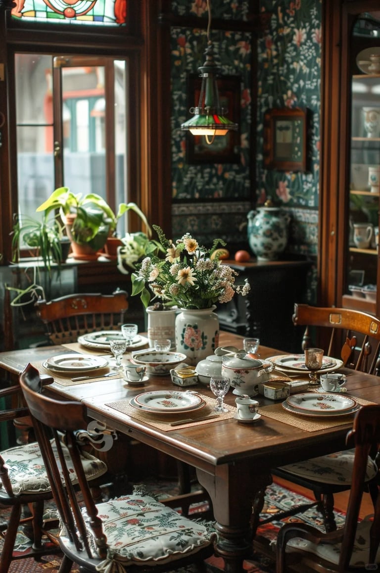 William Morris-inspired interior featuring botanical patterns, natural materials, and traditional Ar