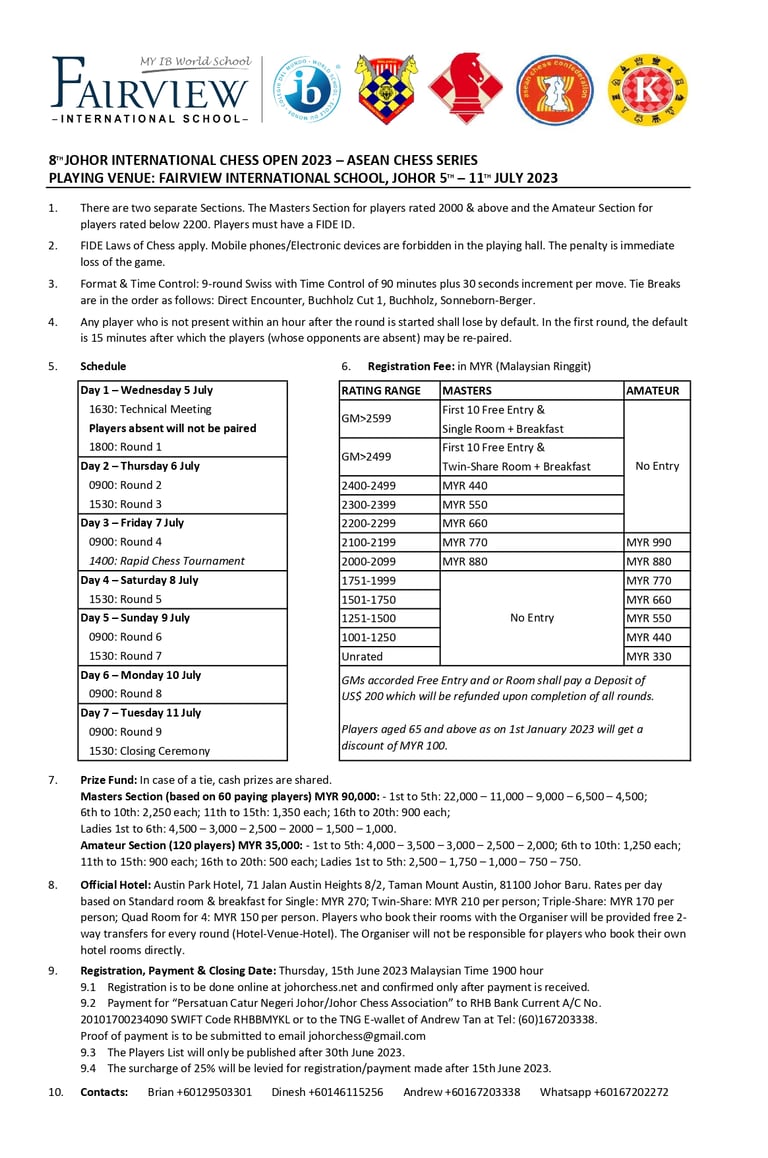 8th Johor International Chess Open 2023. Chess Malaysia. Johor Open 2023