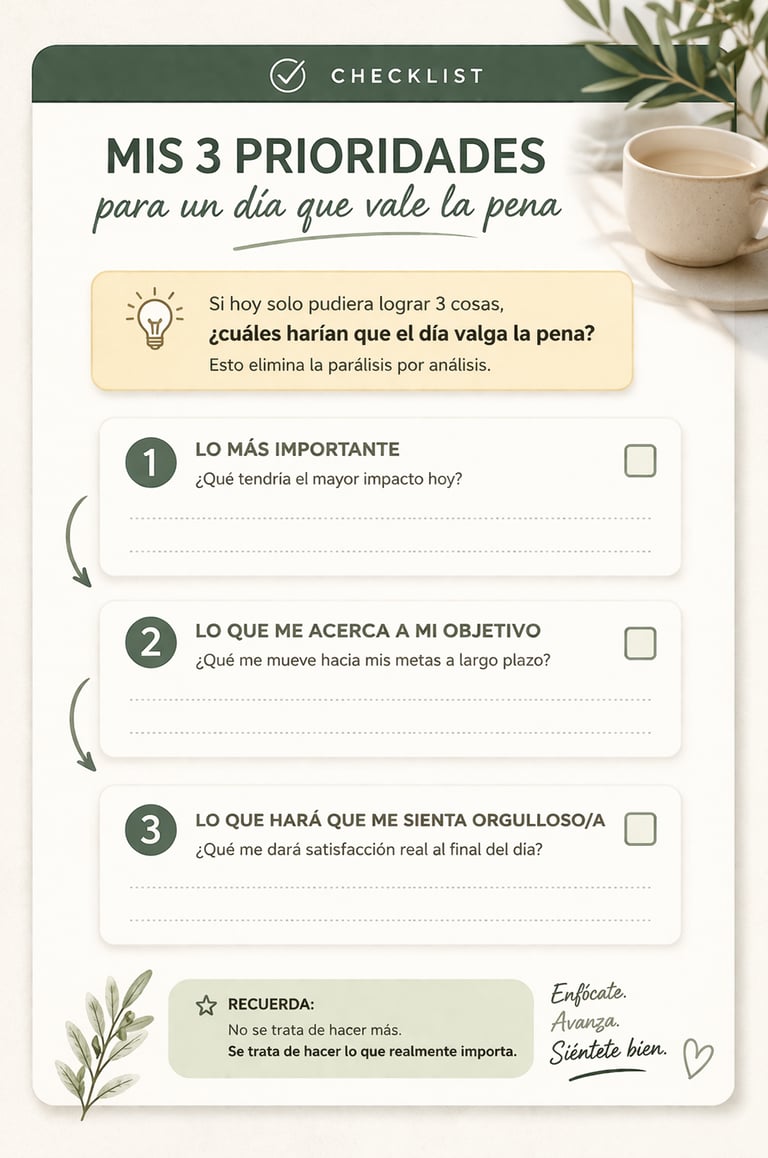 Checklist minimalista de 3 prioridades diarias para mejorar enfoque y productividad.