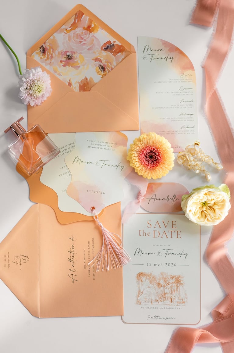 Papeterie de mariage haut de gamme style bohème chic avec save the date terracotta, détails floraux