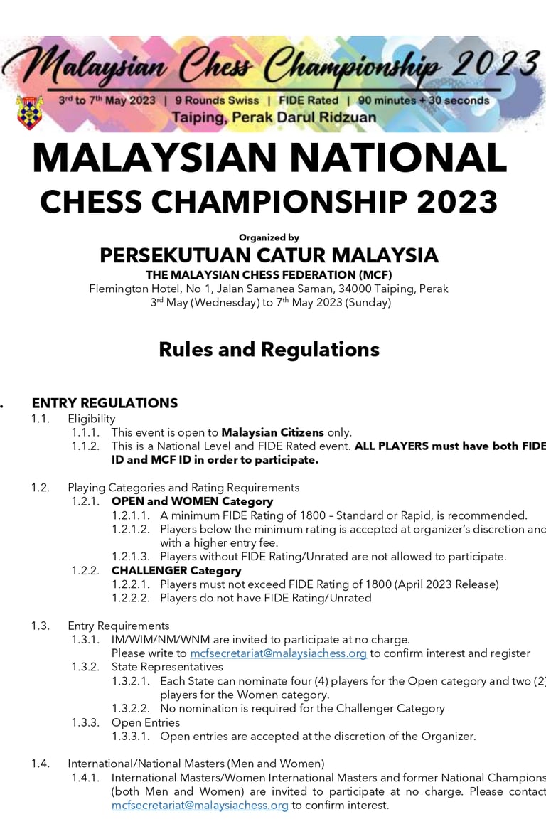 Malaysian Chess Championship 2023. Chess Malaysia. Catur Malaysia. Malaysian Chess Federation