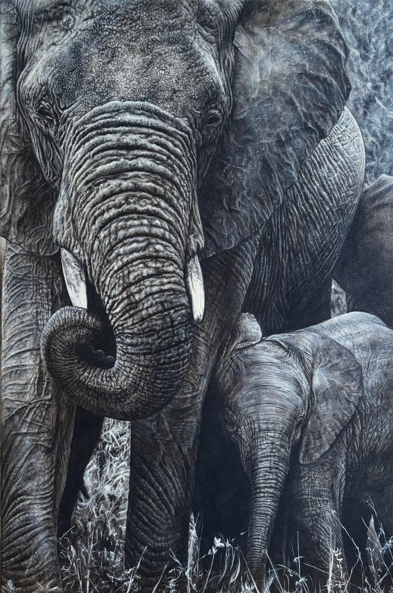 peinture animalière d'une mère éléphant et son éléphanteau