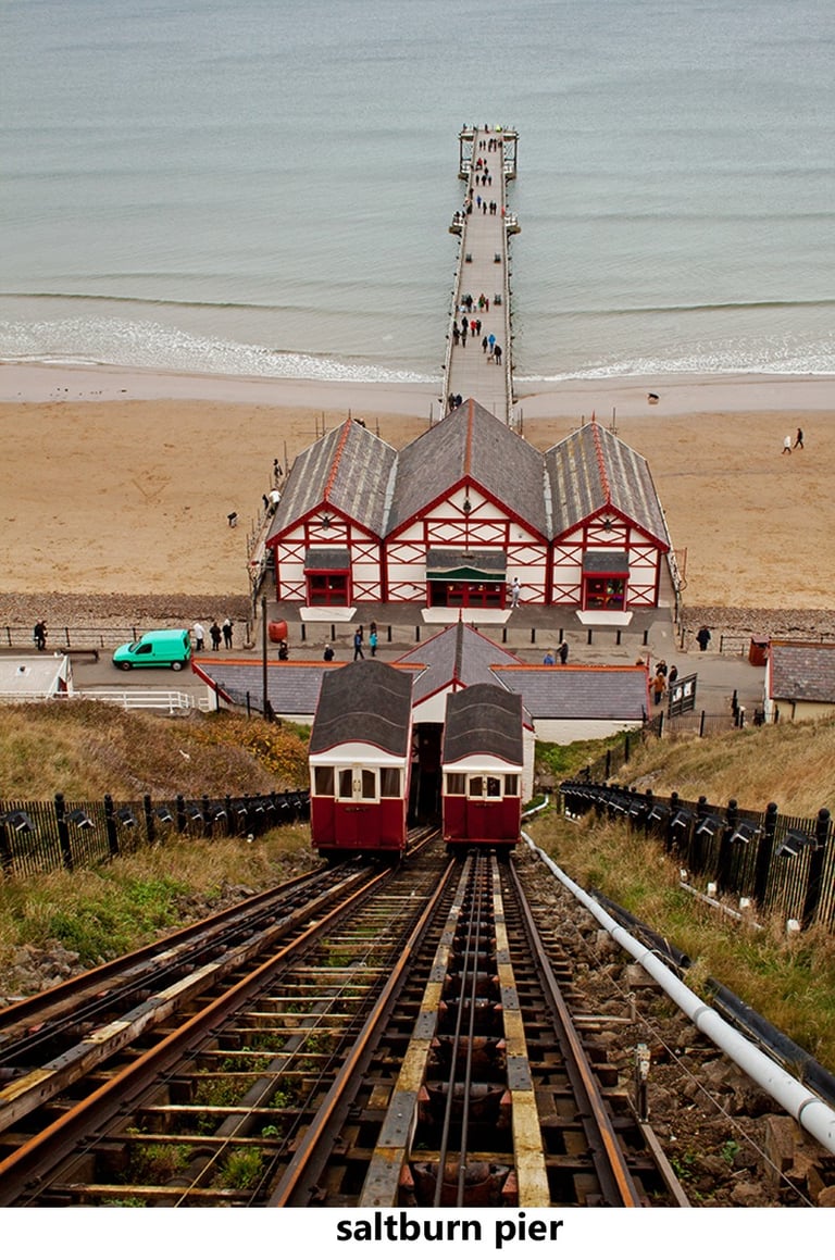 a train on a track funicular railway with a view of saltburn pier and beach
