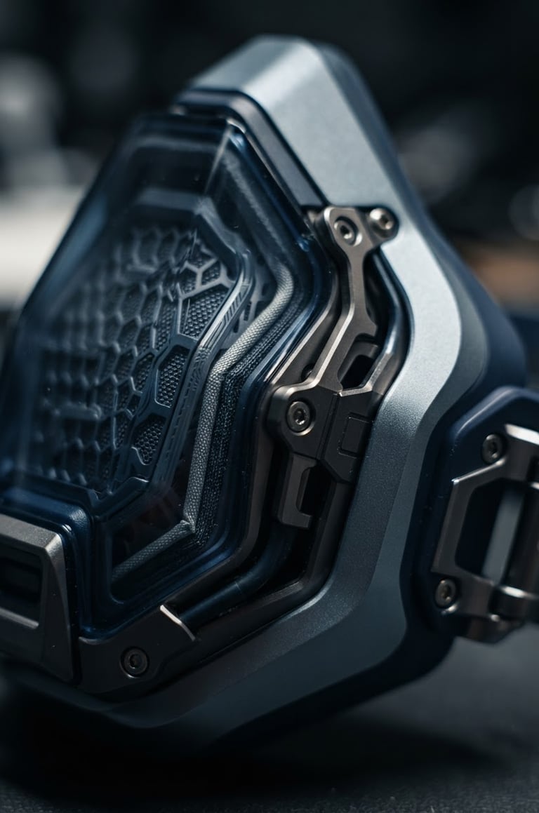 Macro shot of Silent Mask device, technical schematics overlaid detailing multi-layer acoustic mesh and containment shield, dramatic side-lighting, cool steel-grey and deep blue tones, sharp focus, 50mm lens.