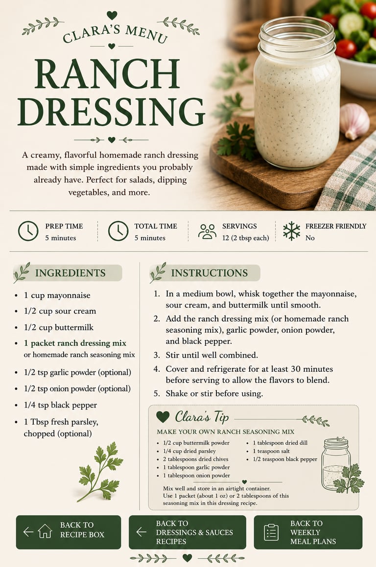 A detailed recipe card for homemade creamy ranch dressing with a list of ingredients and preparation steps.
