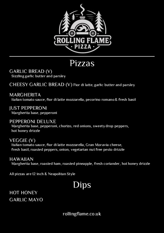 Rolling Flame Pizza menu featuring wood-fired Neapolitan style pizzas and garlic bread.
