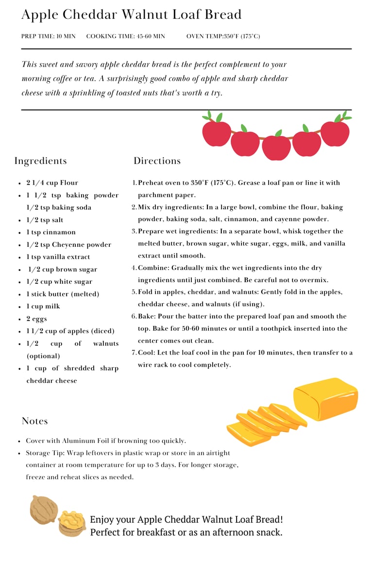 recipe card for apple cheddar bread