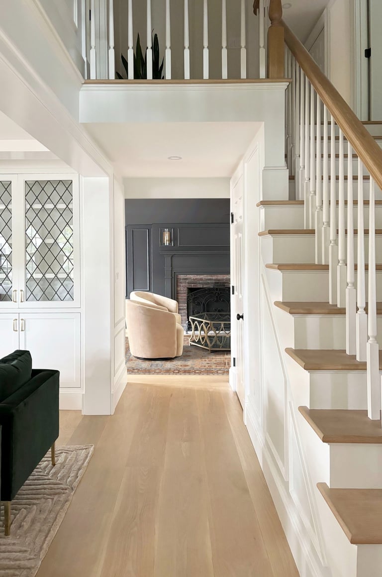 Colonial Revival renovation entry hall, white oak staircase, Reading MA — Erica Fossati Design