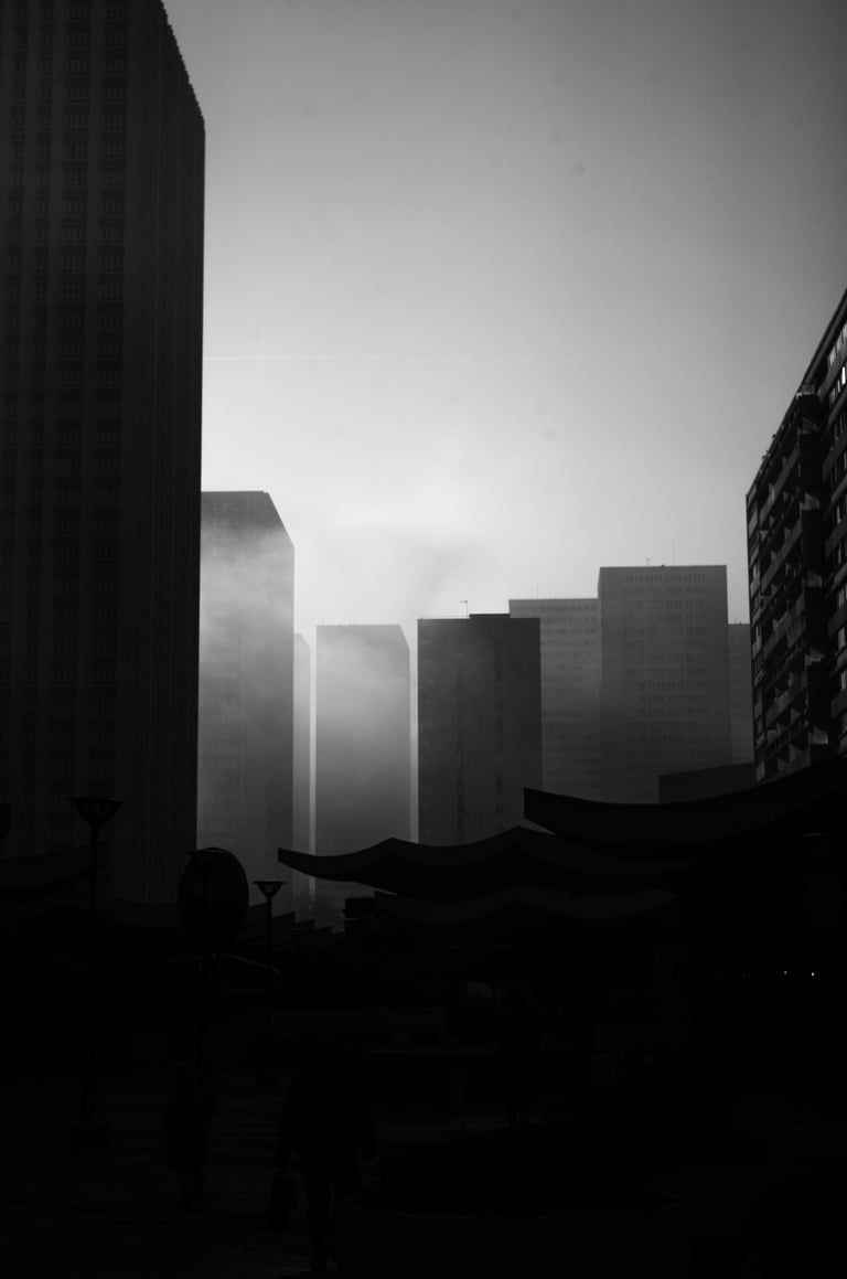 Ensemble d'immeubles en noir et blanc