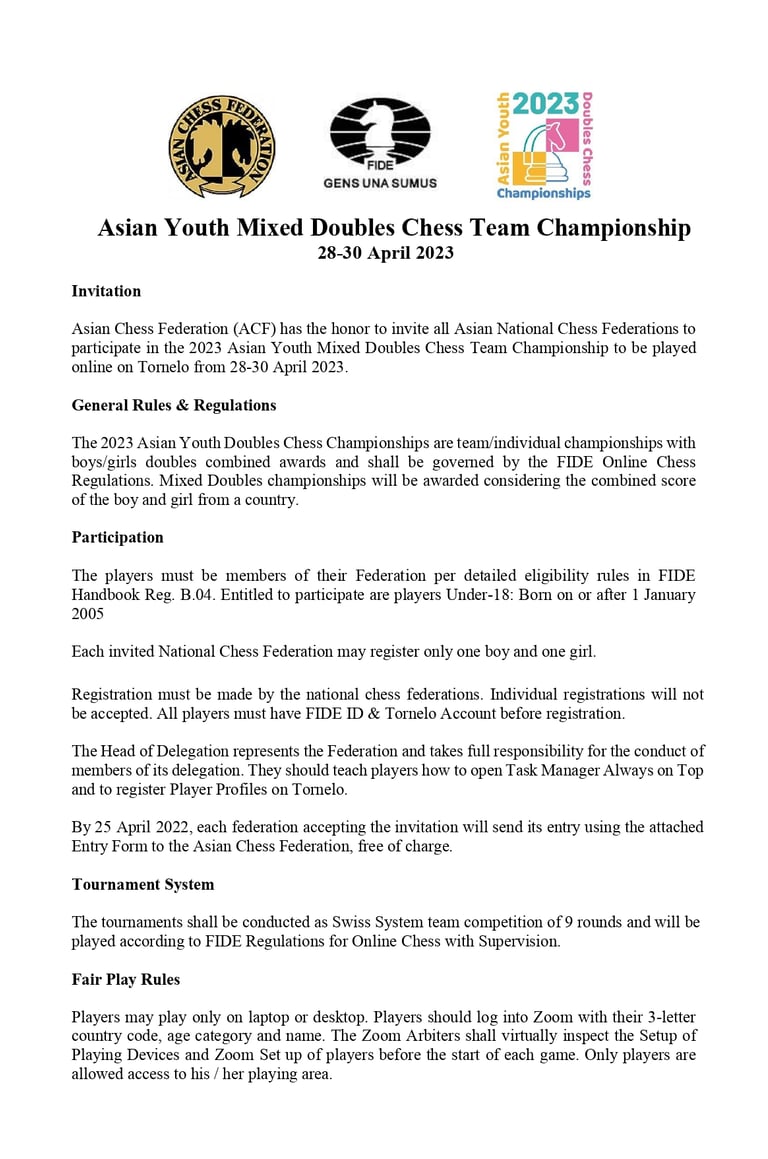 Asian Youth Online Mixed Doubles Chess Team Championship 2023. Asian Chess Federation