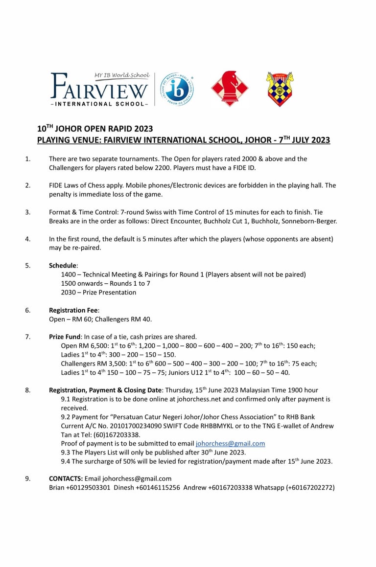 10th Johor Open 2023 - ASEAN Chess Series. Malaysia Chess. Chess Clicks