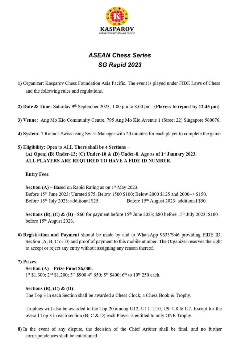 ASEAN Chess Series - SG Rapid 2023. Kasparov Chess Federation. Singapore Chess