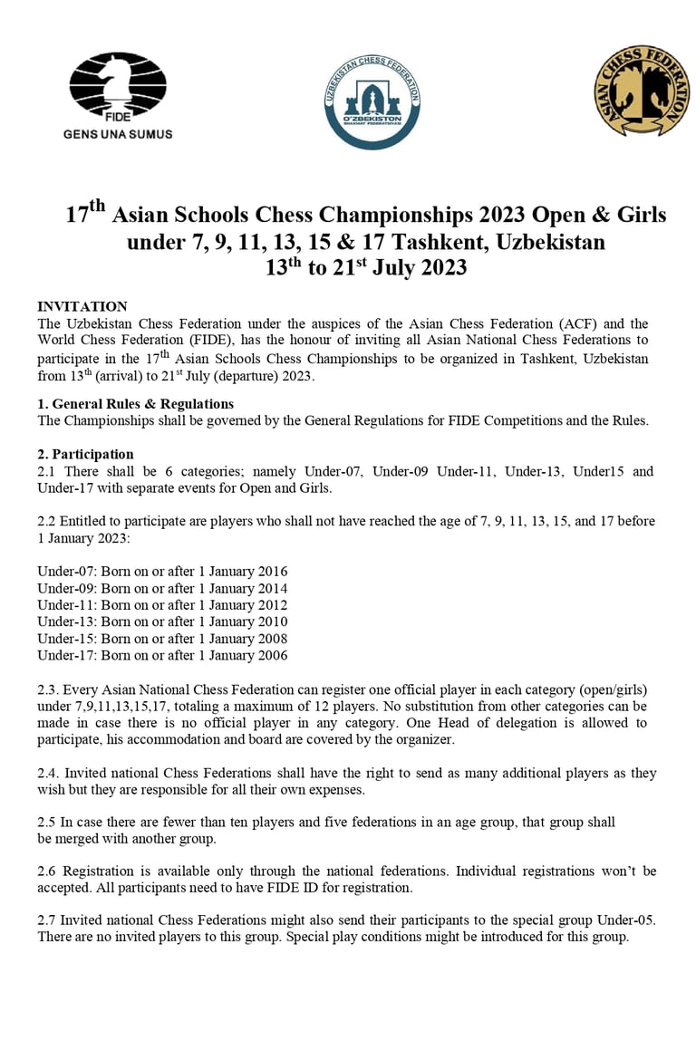 17th Asian Schools Chess Championships 2023 in Tashkent, Uzbekistan