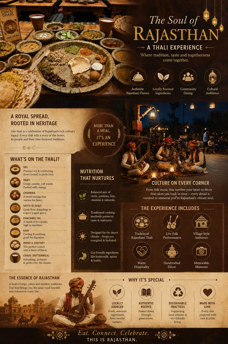 Authentic Rajasthani Thali experience with traditional folk musicians and a variety of regional dishes.