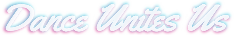 the "Dance Unites Us" text logo in white with slight neon cyan and magenta in the background