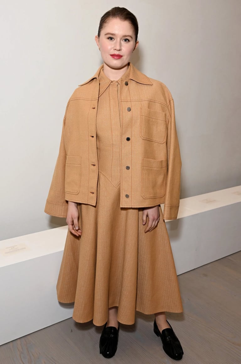 Eliza Scanlen in a camel-toned outfit at London Fashion Week 2026.