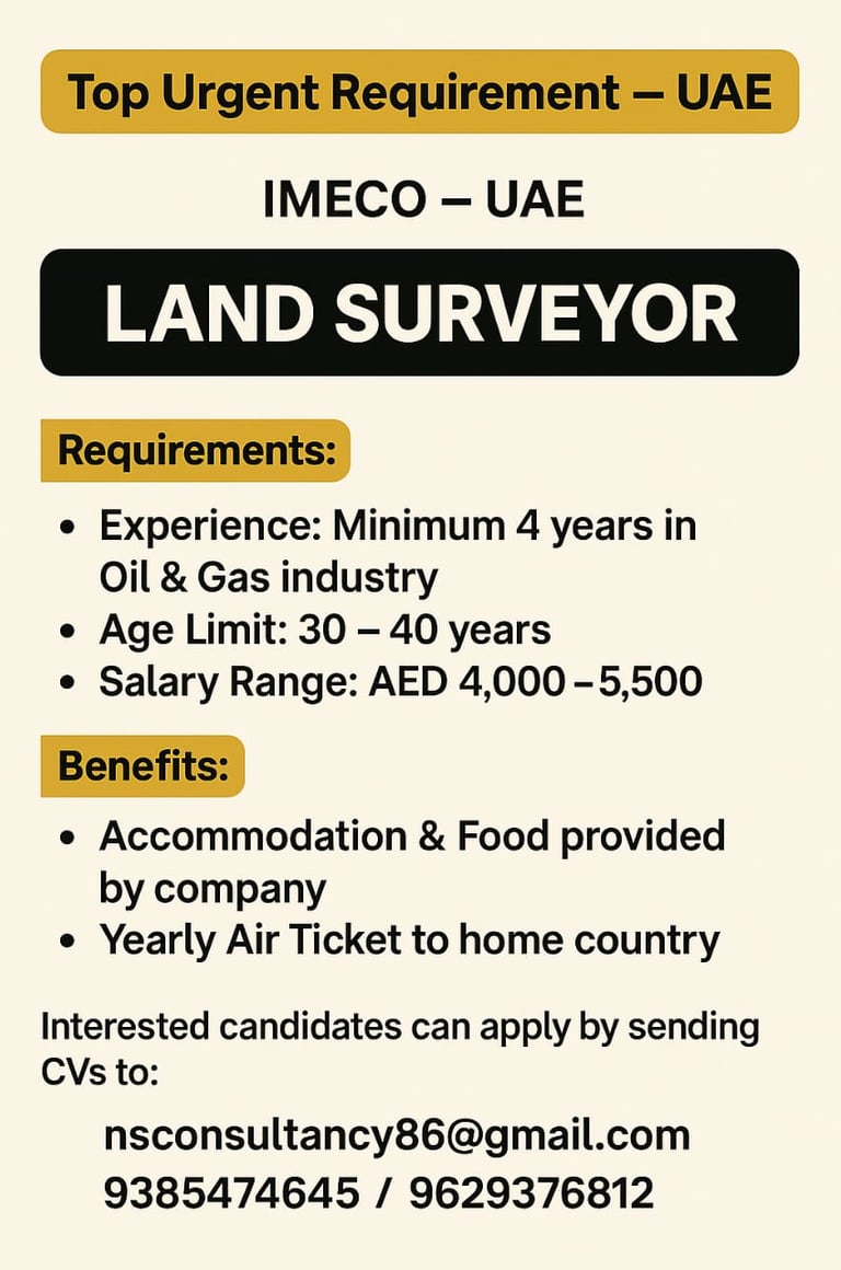 ob advertisement for Land Surveyor position at IMECO UAE with requirements of 4 years Oil and Gas ex